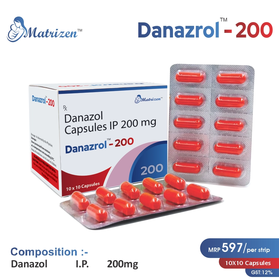 Danazol (200mg) Capsule at the best price in PCD Pharma Franchise for Hormonal Therapy, Endometriosis, and Fibrocystic Breast Disease Treatment.
